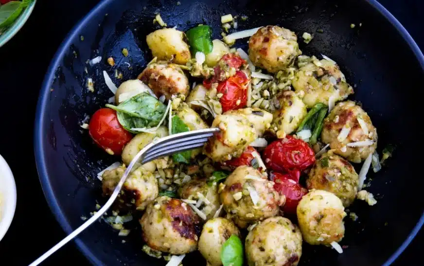 slow cooker tuscan chicken meatballs with gnocchi